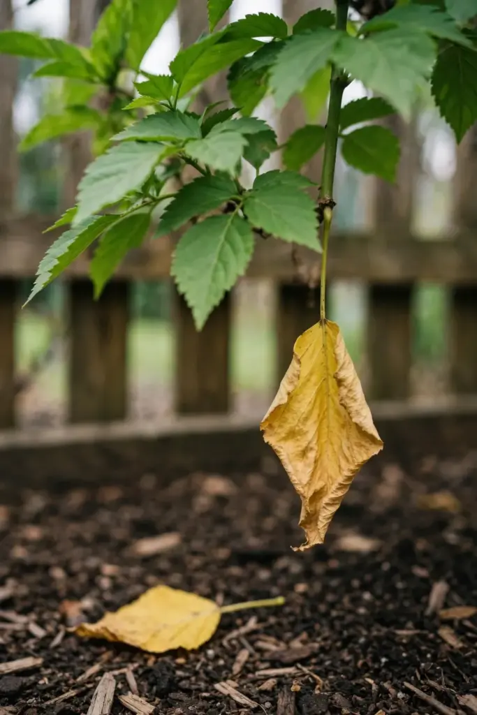 One yellow old leaf dropping below healthy green growth