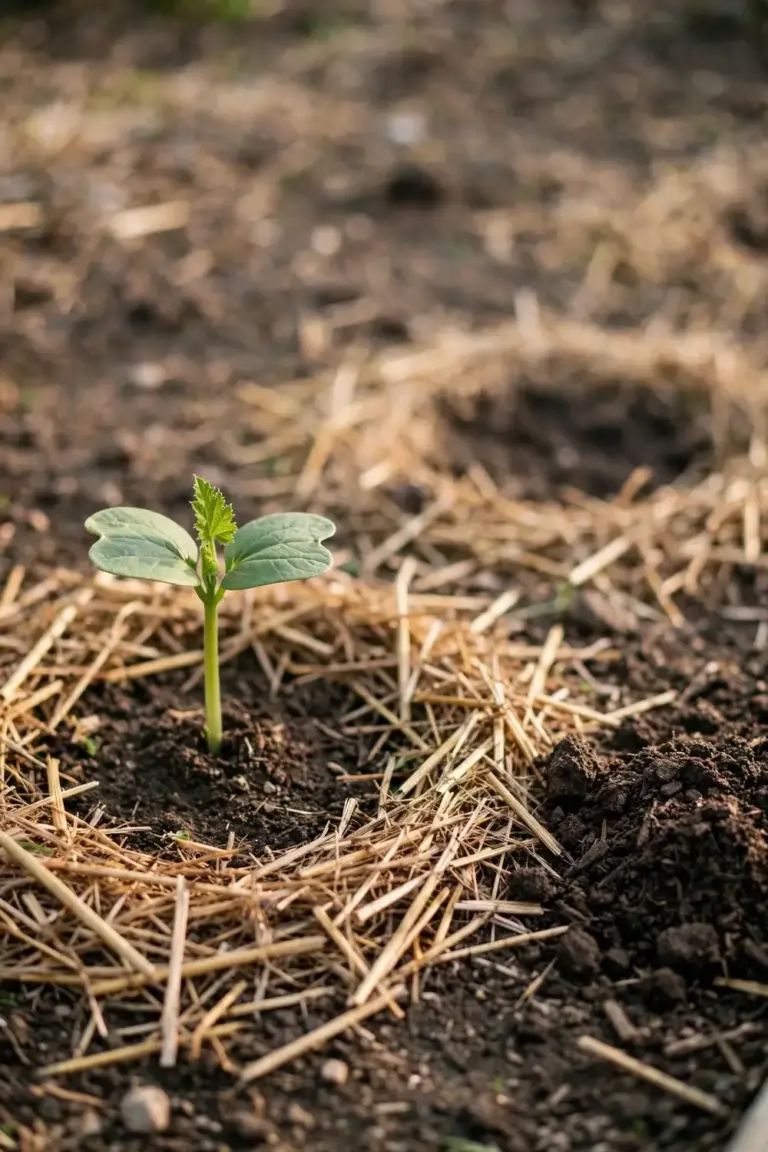Single young zucchini plant in a garden bed