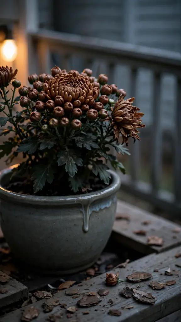 Single bronze chrysanthemum in tight bud in a glazed ceramic pot