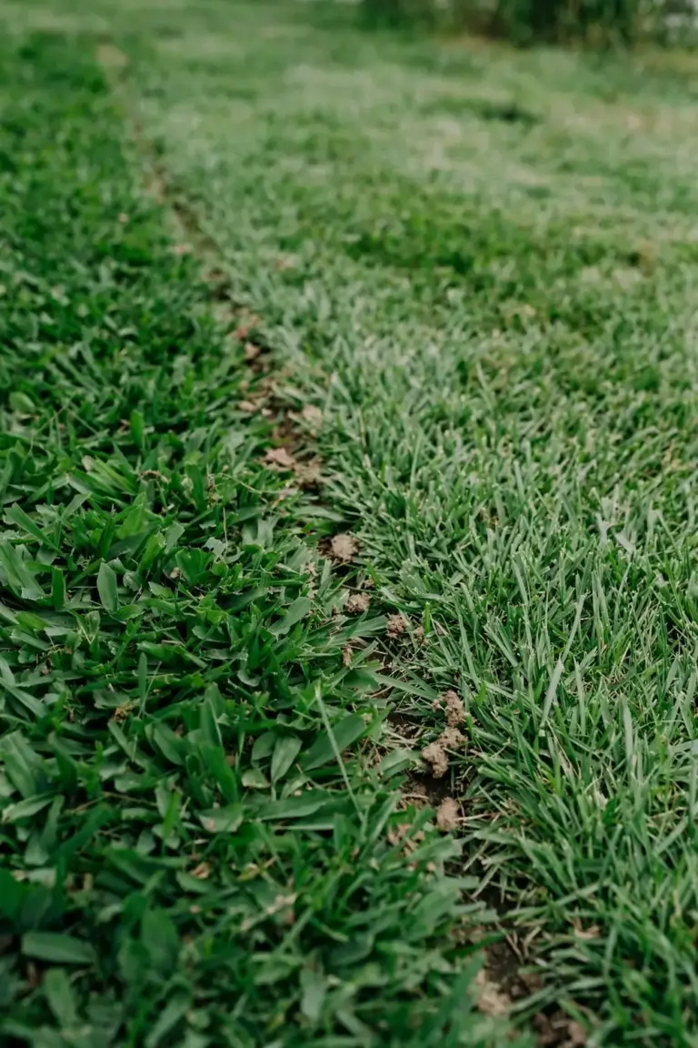 Two Buffalo lawn patches side by side, one broad-leaf and one fine-leaf