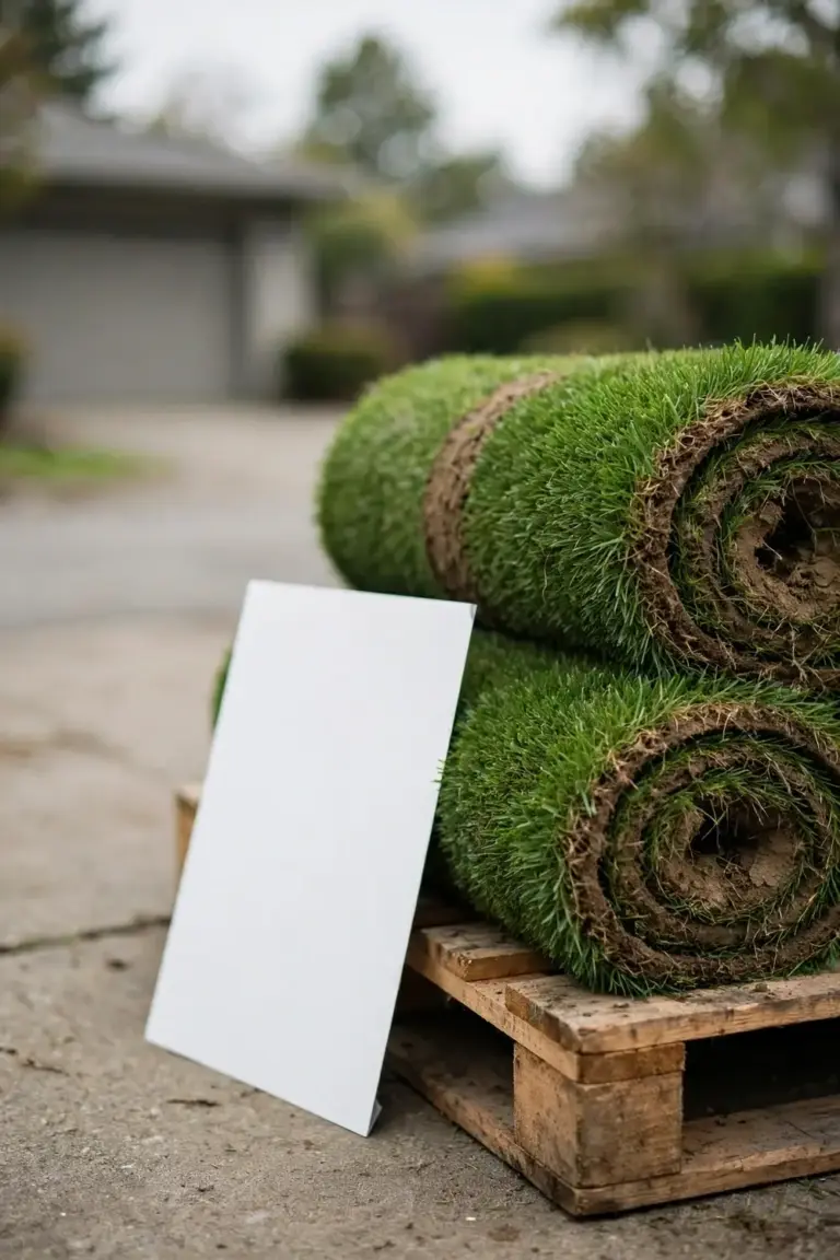 Fresh turf rolls stacked on a pallet beside a paper certificate