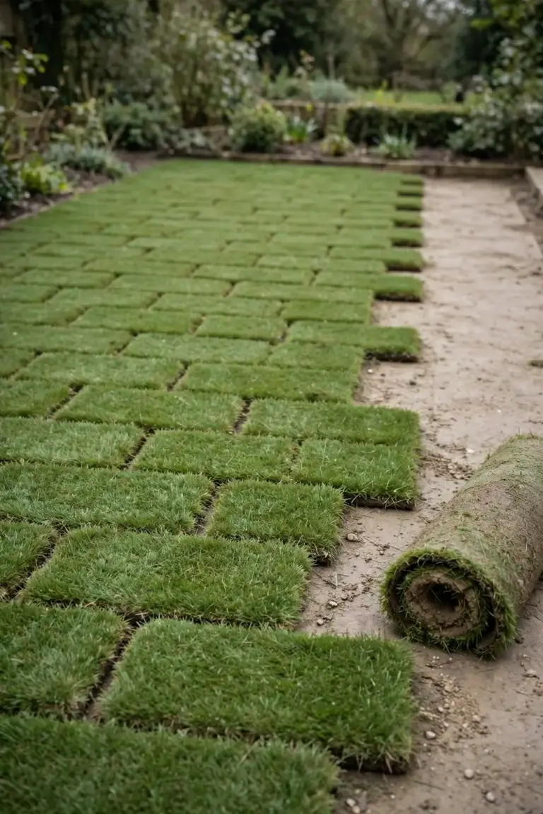 Fresh turf rolls laid in a brickwork pattern over levelled underlay