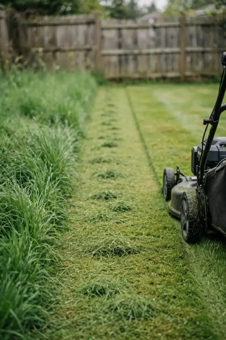 Mower cutting a Sir Walter lawn with fresh clippings on the surface