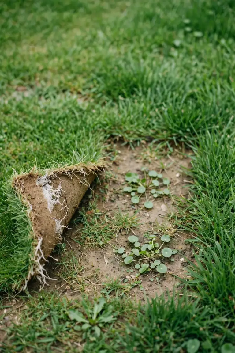 Thinning lawn patch with a few weeds and a lifted turf corner
