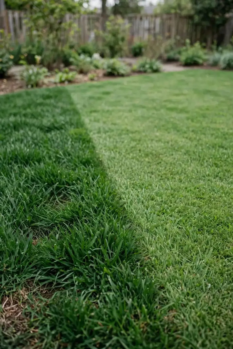 Buffalo lawn beside a finer couch lawn with a clear boundary between them