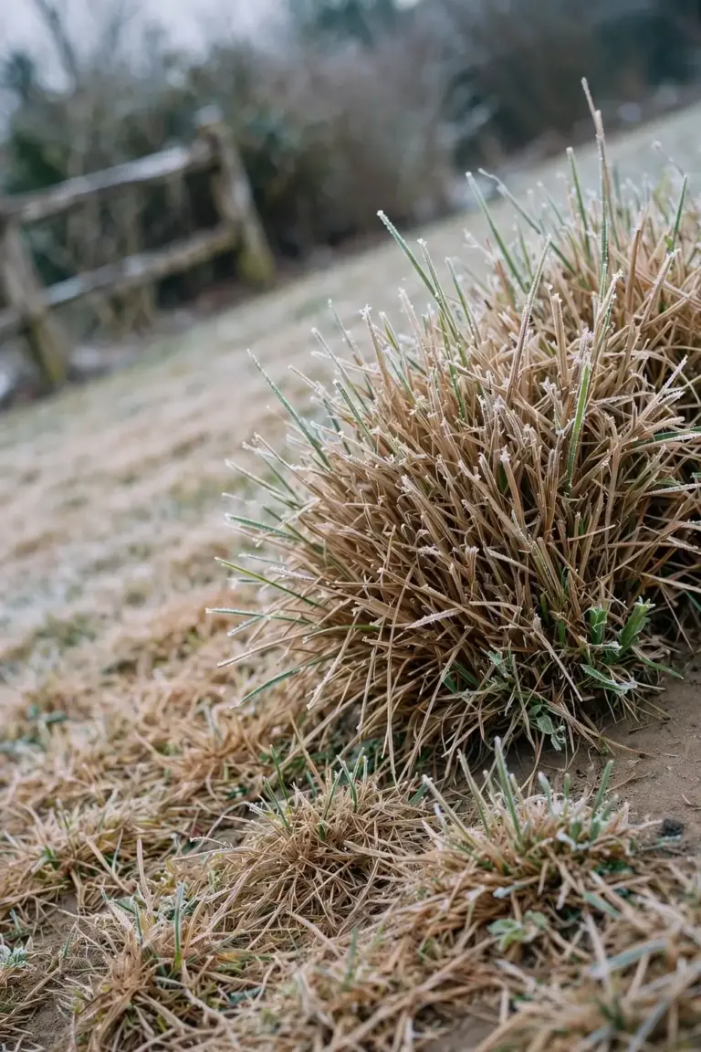 Sir Walter lawn in winter with straw-colored blades and green crowns