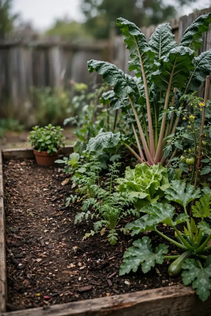 Lettuce radish zucchini tomato silverbeet and mint in one bed