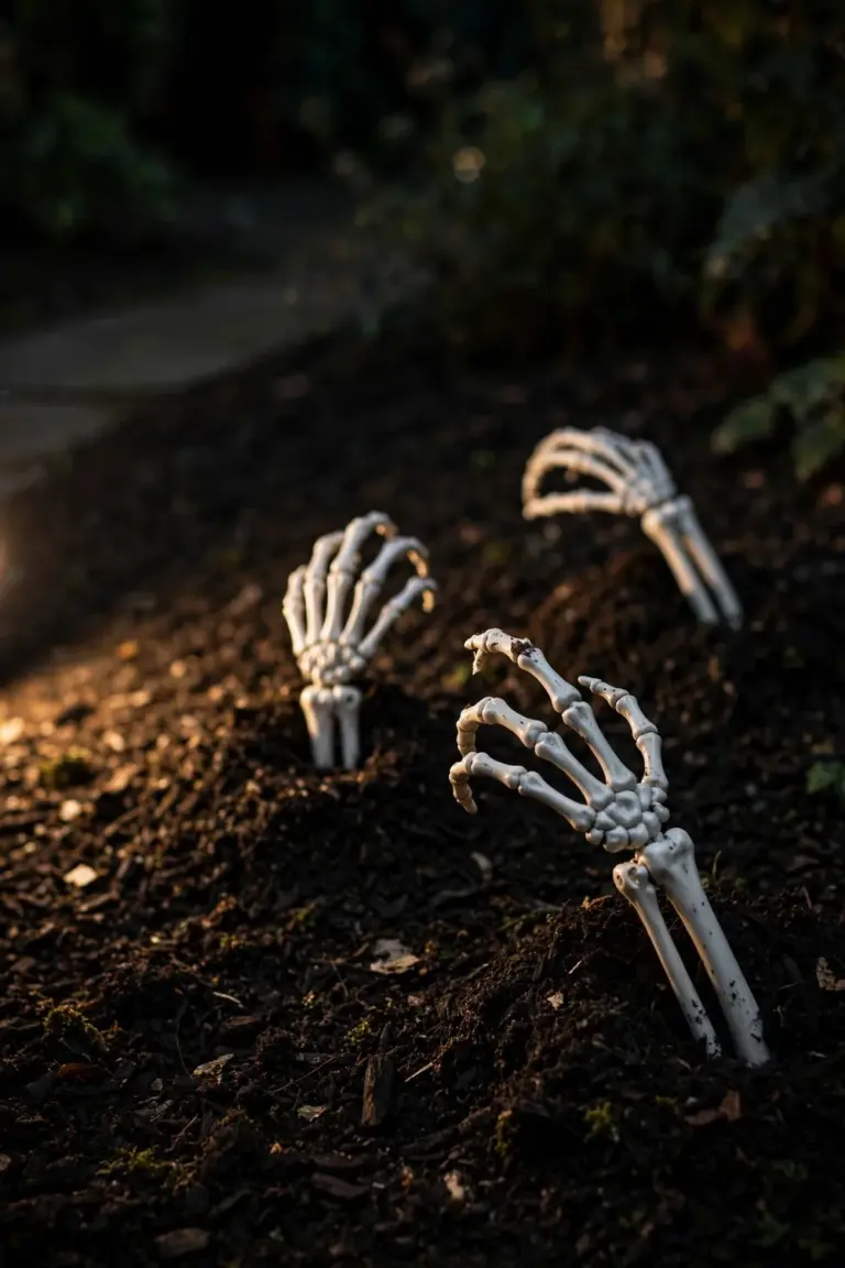 White plastic skeleton arms clawing up out of dark mulch in a flower bed