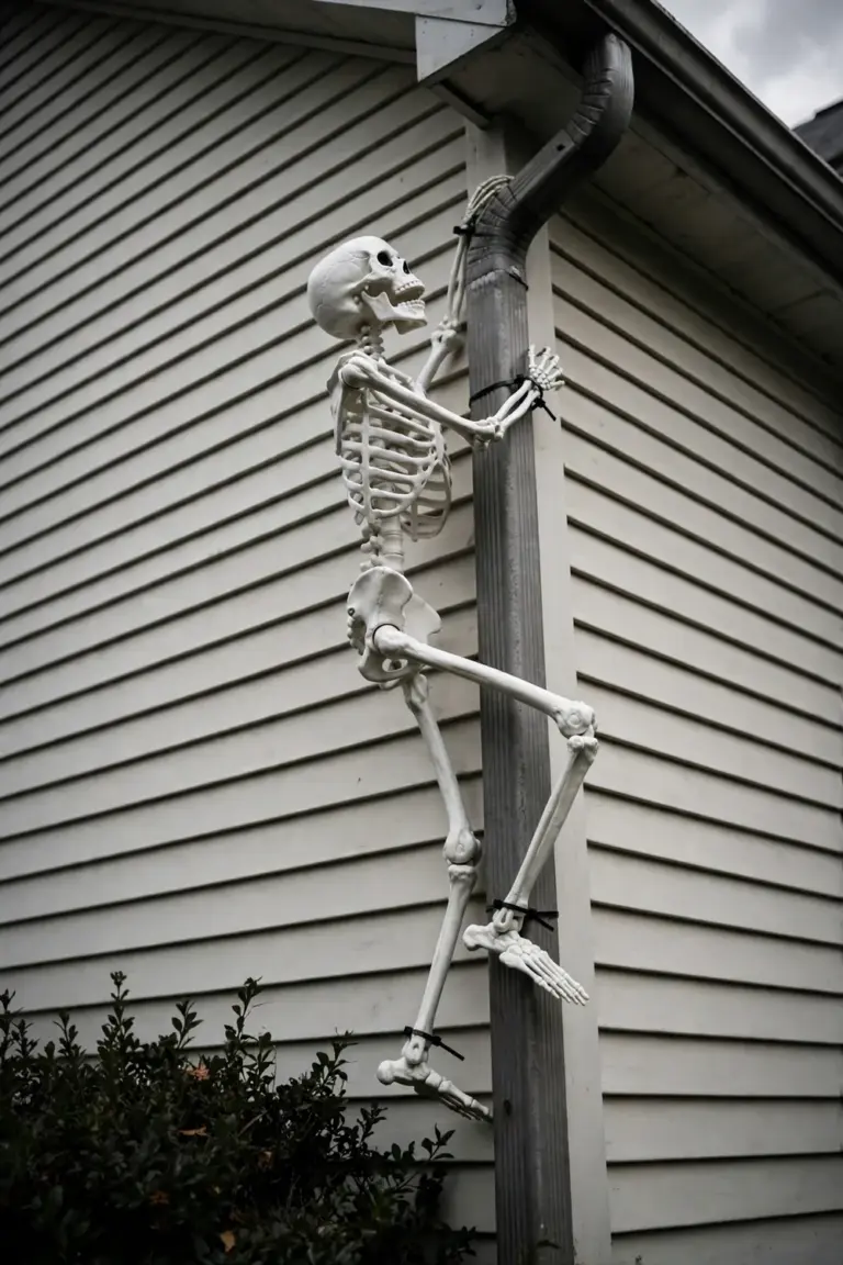 White plastic skeleton posed climbing a house downspout, tied on with zip ties