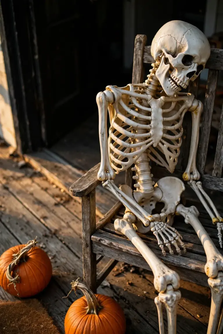 Life-size plastic skeleton seated in a wooden chair on a front porch beside pumpkins