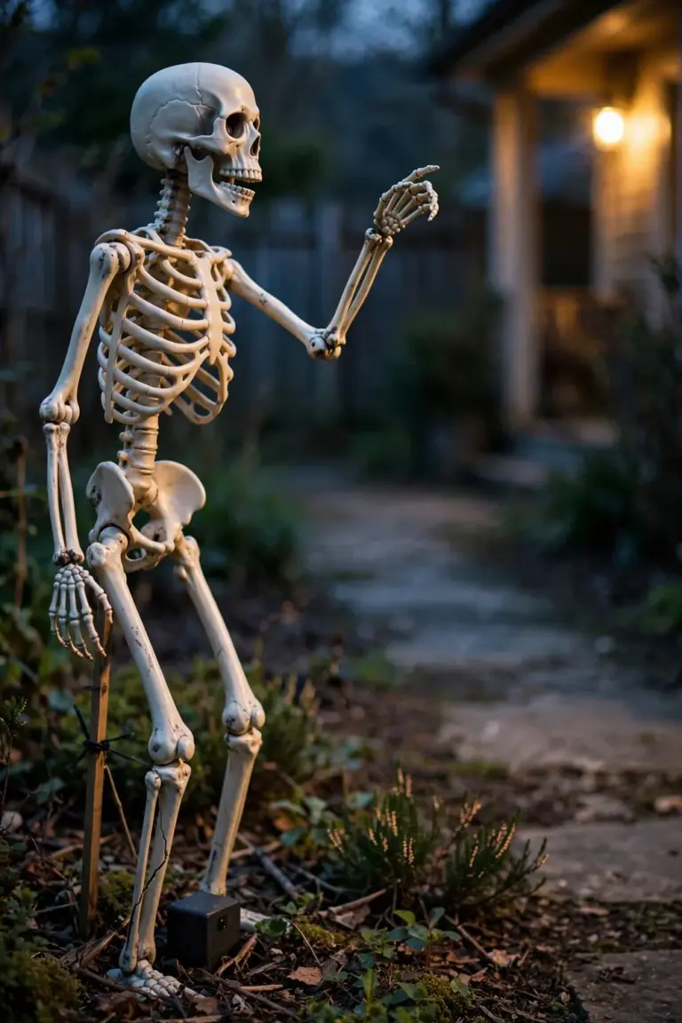 A poseable plastic skeleton decoration staked beside a garden walkway at dusk, one arm raised