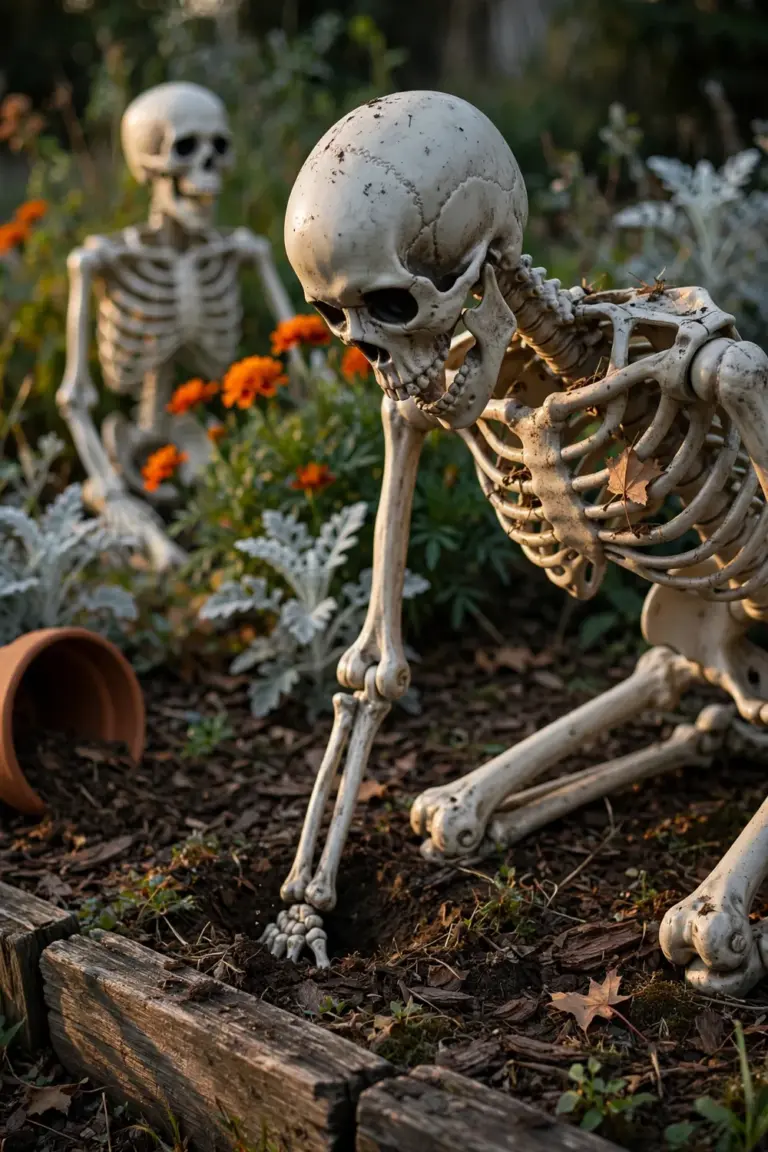 Plastic skeleton props posed as if gardening among the plants in a mulched flower bed
