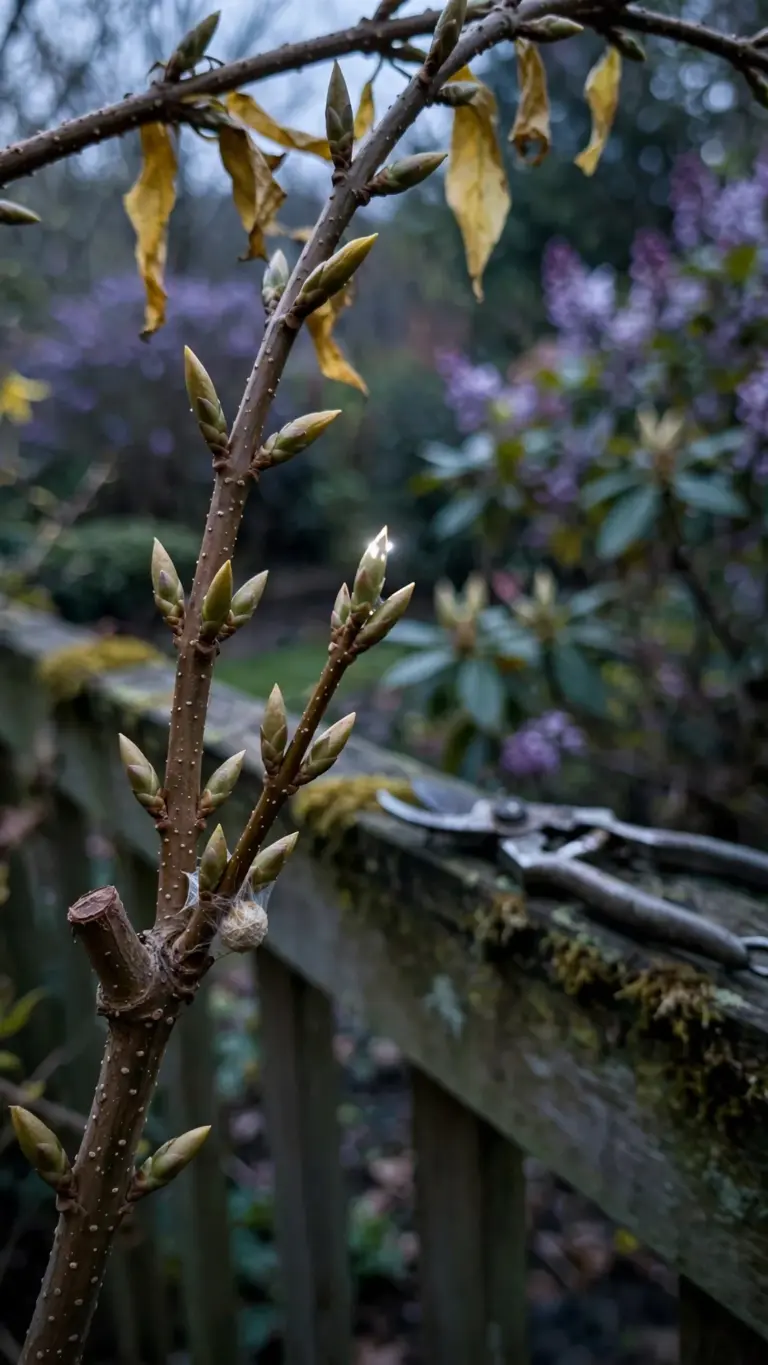 Forsythia branch with spring flower buds left unpruned, shears resting unused