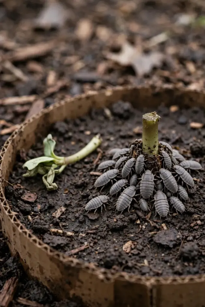 Slater woodlice clustered at the base of a cut seedling