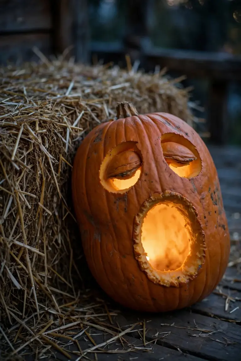 Sleepy carved pumpkin with drooping crescent eyes and a big yawning oval mouth leaning against a hay bale