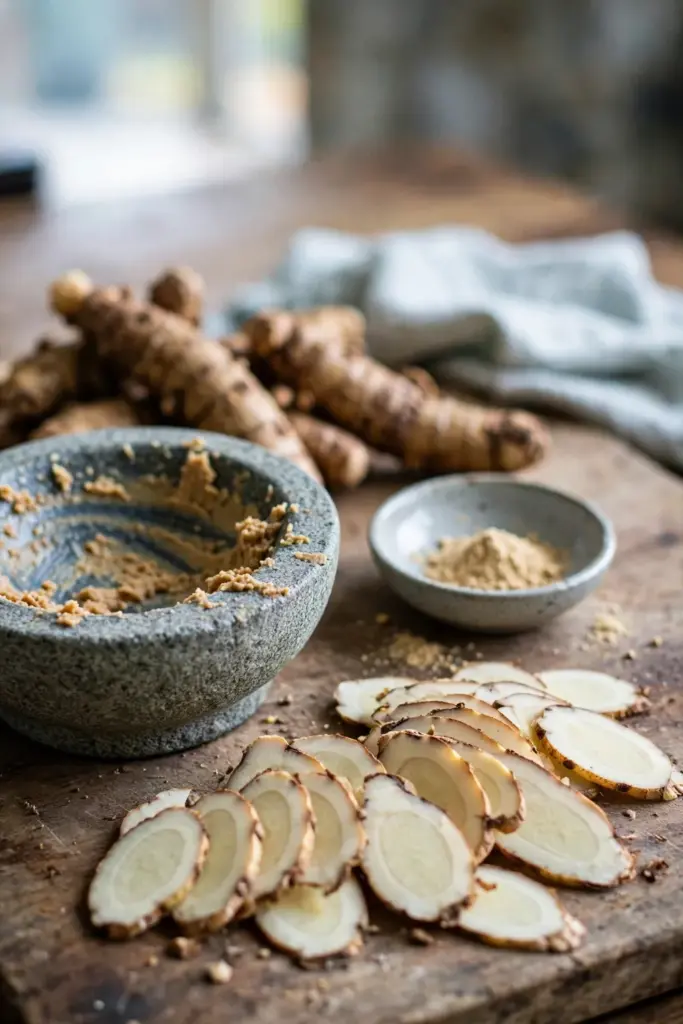 Sliced kencur rhizome fanned beside a dish of tan kencur powder