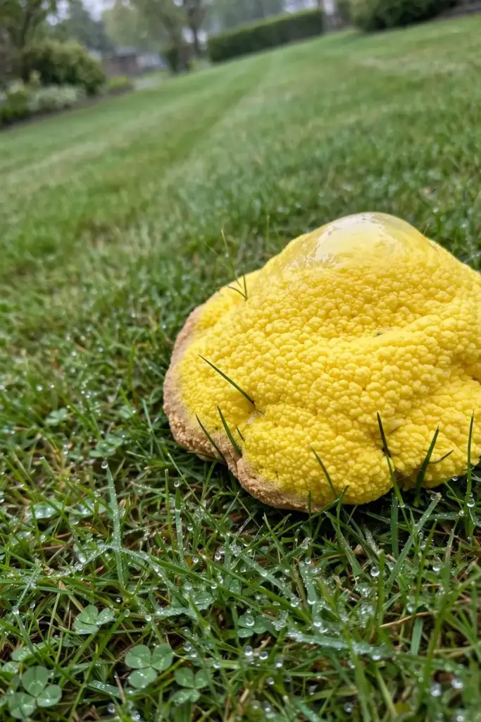 Yellow slime mold blob sitting on top of a green lawn after rain