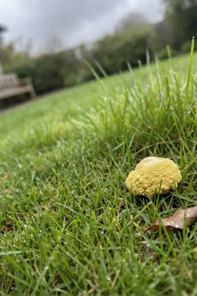 Small yellow slime mold blob on a peaceful lawn, illustrating the do-nothing option