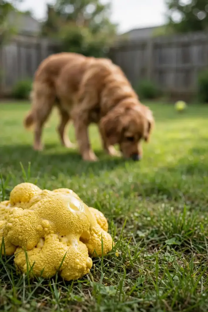 Dog sniffing curiously at a yellow slime mold blob on a lawn, kept at a soft-focus distance
