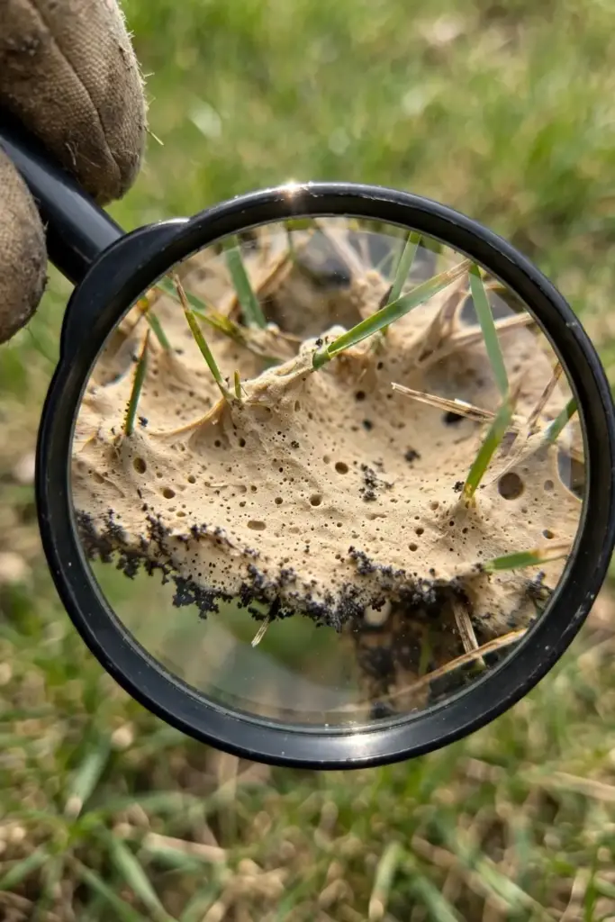 Magnifying glass inspecting a dried tan slime mold crust on grass blades