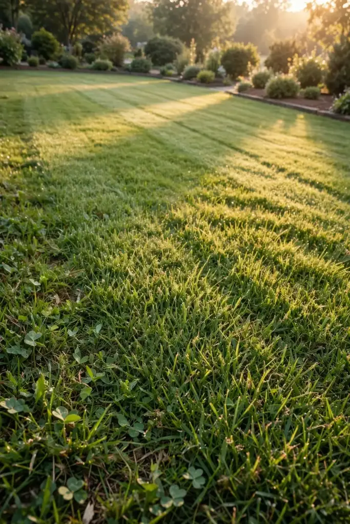 Healthy green lawn in morning light with no slime mold, the after picture