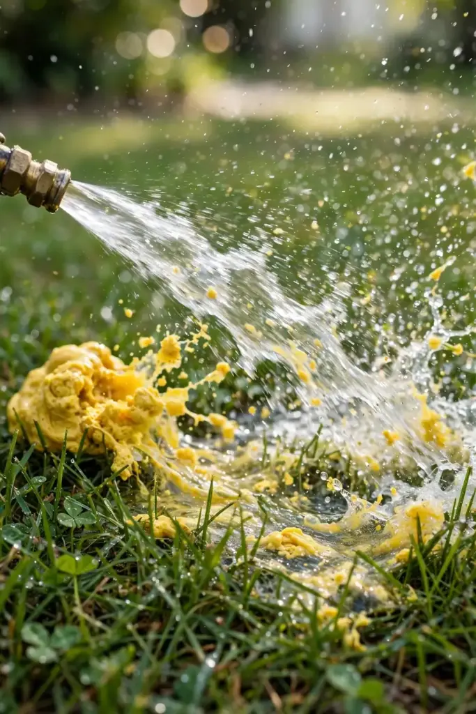 Strong stream of water from a hose nozzle washing a yellow slime mold blob off grass