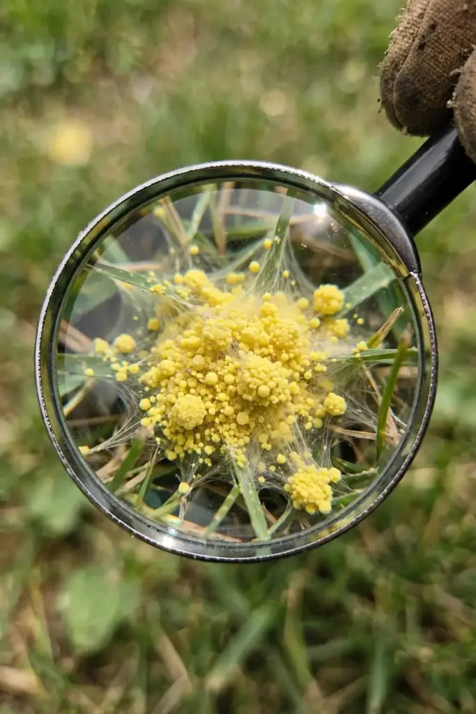 Magnifying glass held over a yellow slime mold blob on grass for close identification