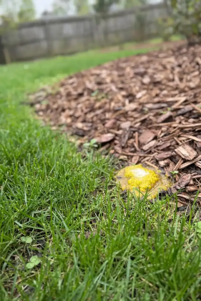 Homeowner view of a lawn with a small yellow slime mold patch left alone near the mulch edge