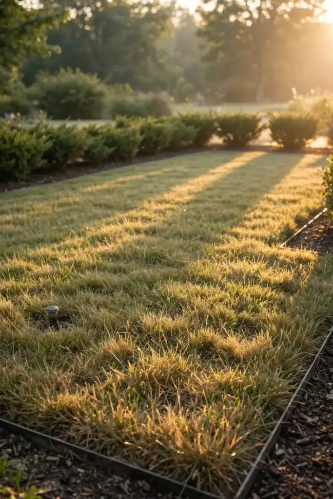 Morning sun drying a lawn with good airflow, sprinkler head off in the grass
