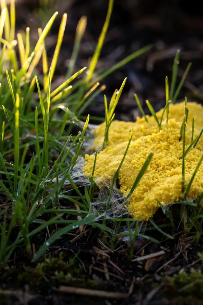 Macro showing yellow slime mold resting on top of healthy green grass blades