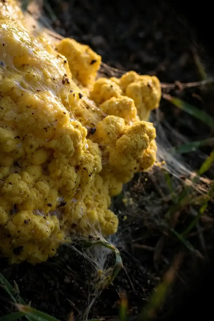 Extreme macro of yellow slime mold plasmodium showing its lumpy foam-like surface texture