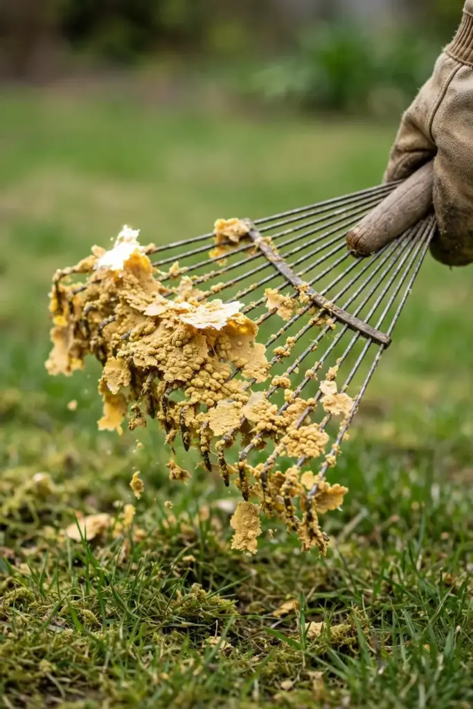 Worn garden mitt holding a leaf rake lifting dried yellow slime mold crust off grass