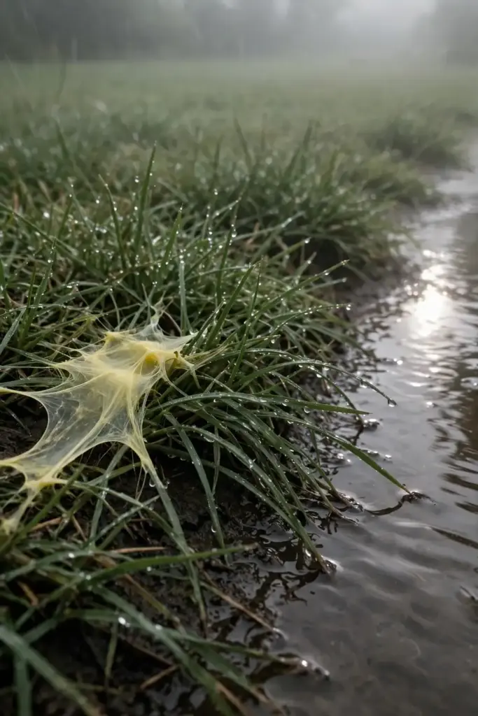 Rain-soaked lawn with water droplets where slime mold is beginning to form