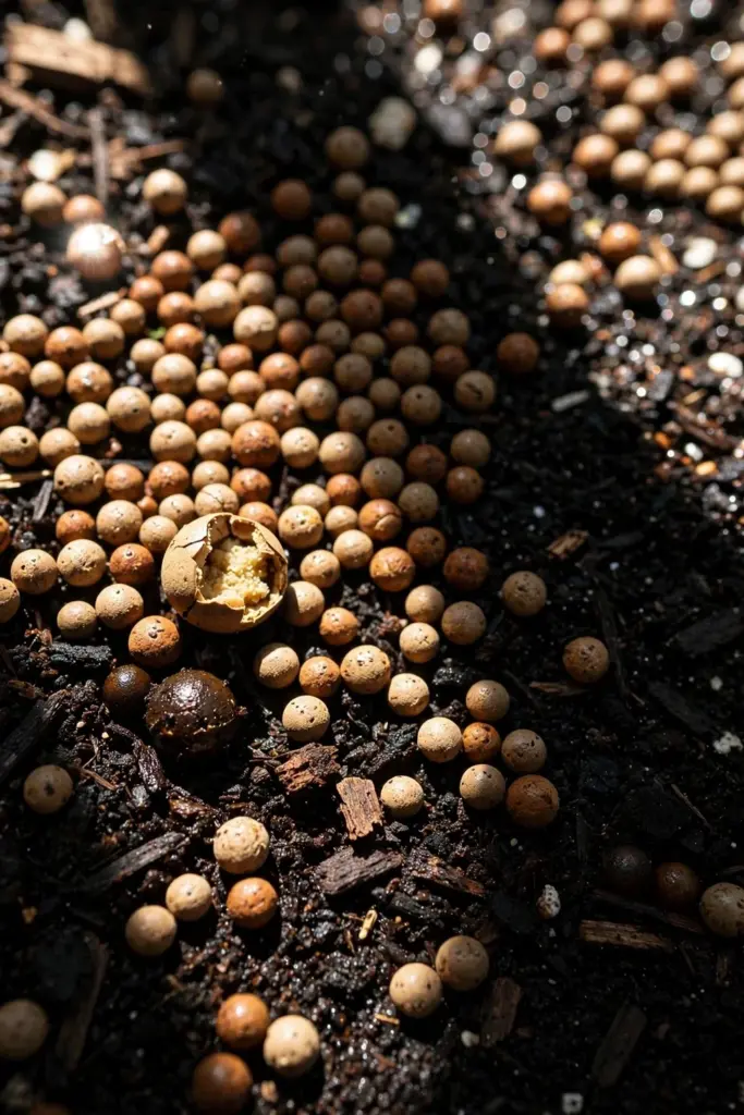 Slow-release fertilizer granules scattered on dark potting mix