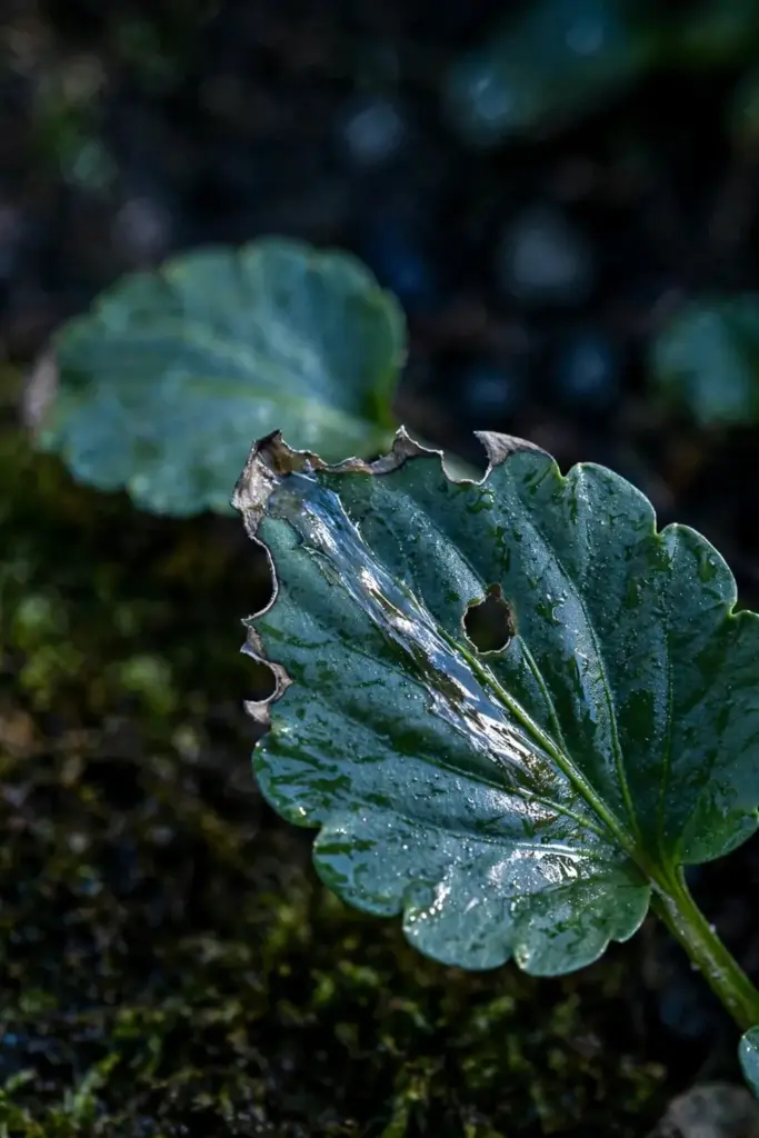Slug-chewed pansy leaf with notched edges in macro