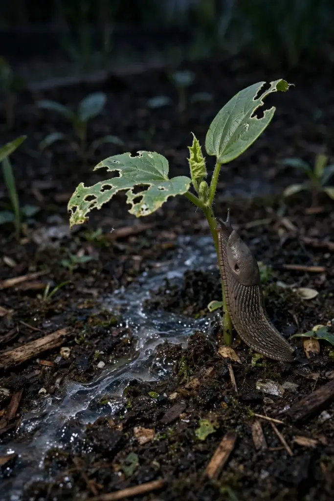 Slug on a pumpkin seedling with a silvery slime trail at night
