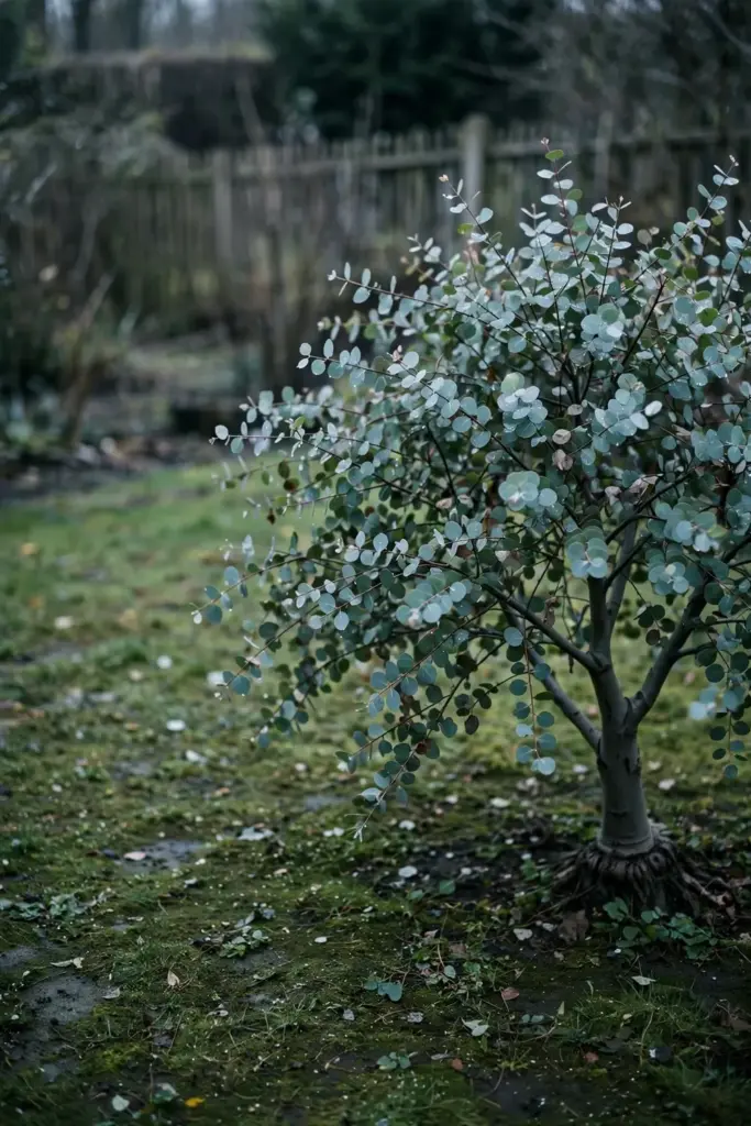 Compact small-leaved gum with small round leaves and smooth dark-gray trunk