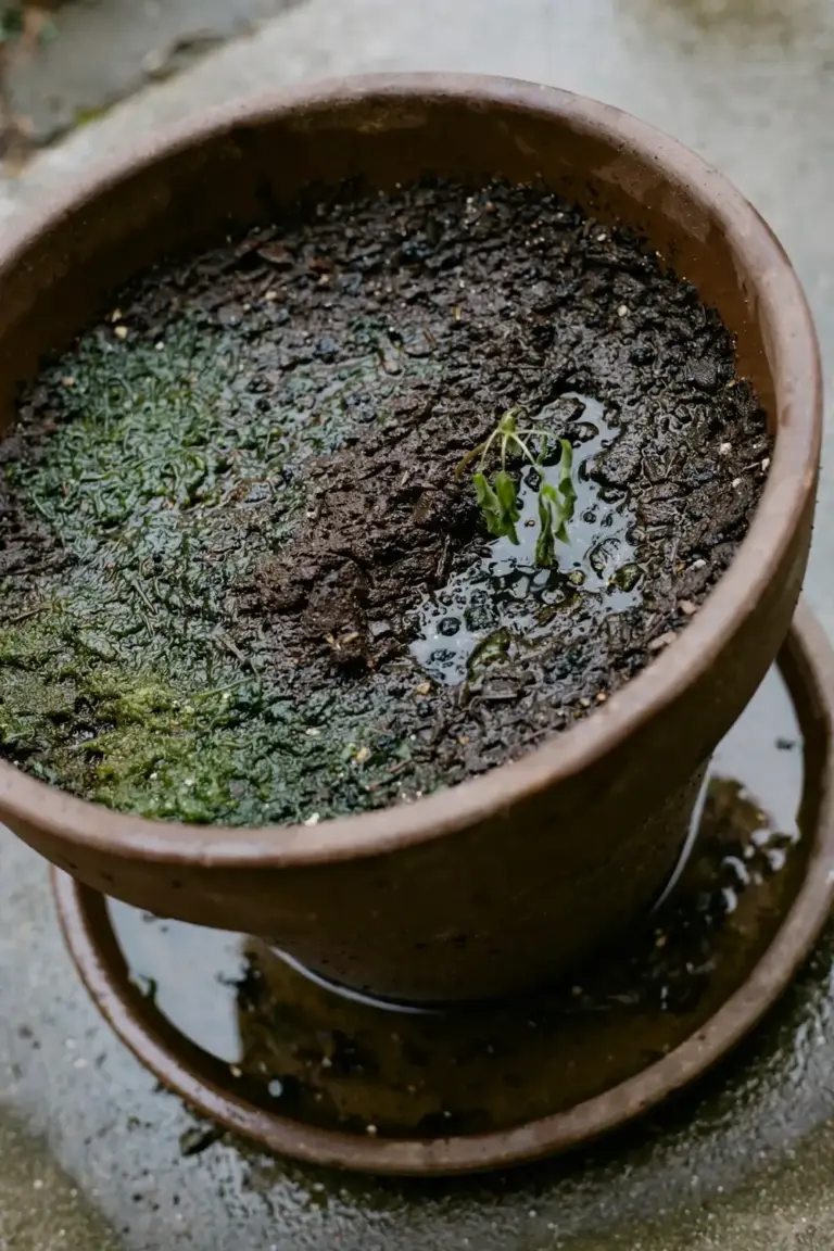 Small plant lost in an oversized pot of wet mix