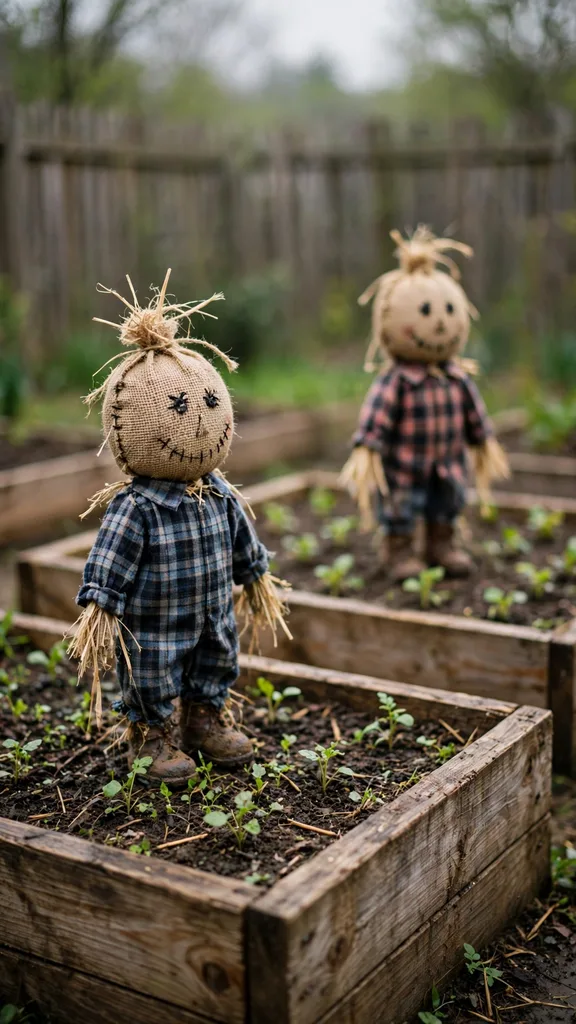 A pair of small scarecrows guarding raised garden beds