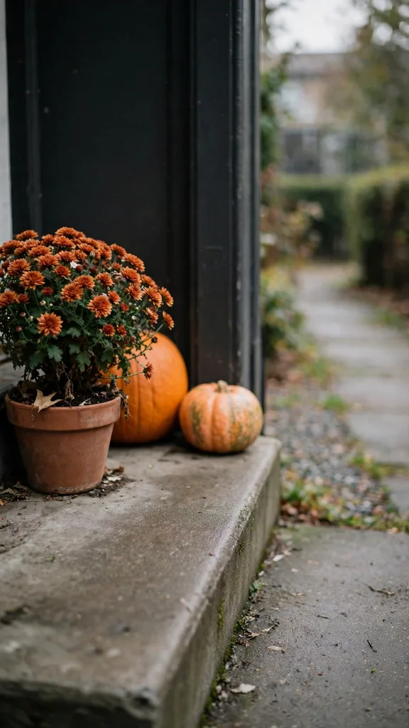 A small stoop display of one mum pot and two pumpkins by a door
