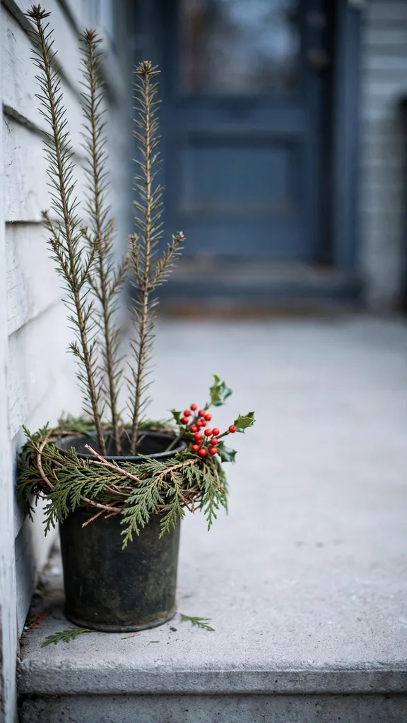 A single small Christmas urn tucked against the wall on a narrow stoop