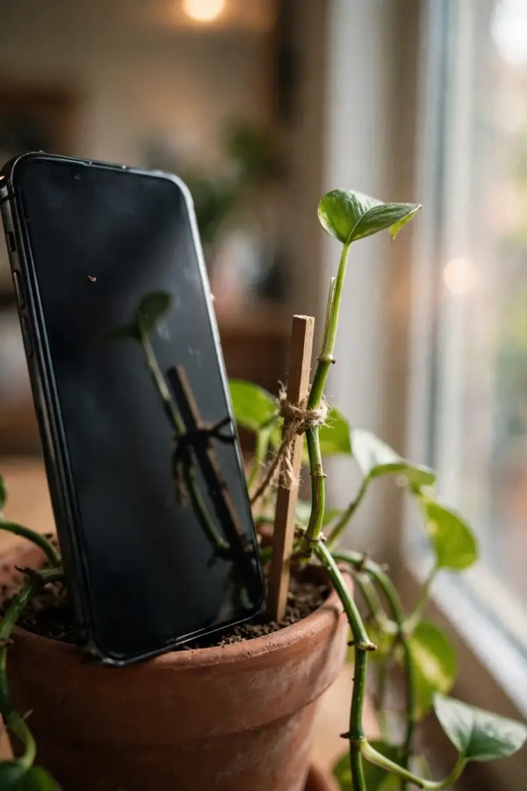 Smartphone leaning against a plant pot, aimed at a leaf stalk
