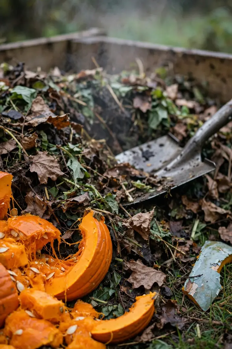 Smashed pumpkin pieces being mixed into a compost pile layered with dry brown leaves