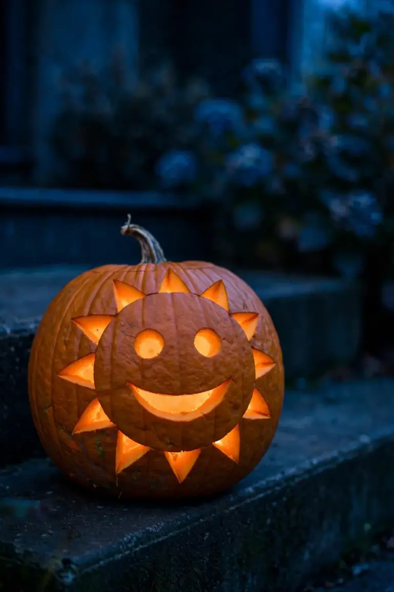 Pumpkin carved as a smiling sun with a round glowing face and straight triangle rays