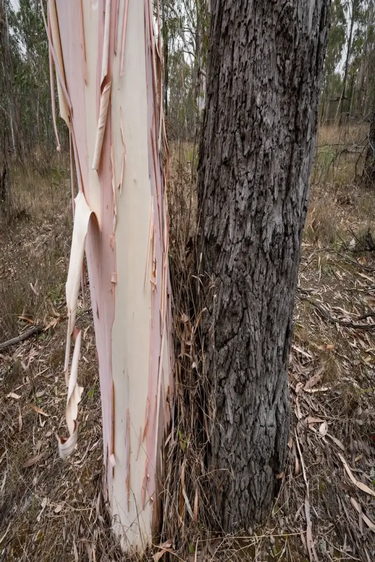 Smooth shedding gum bark beside hard deeply furrowed ironbark