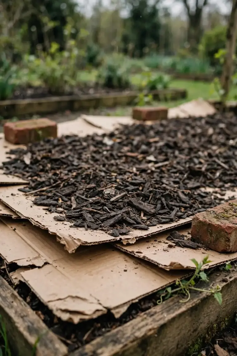 Cardboard and mulch smothering a vine patch in a garden bed