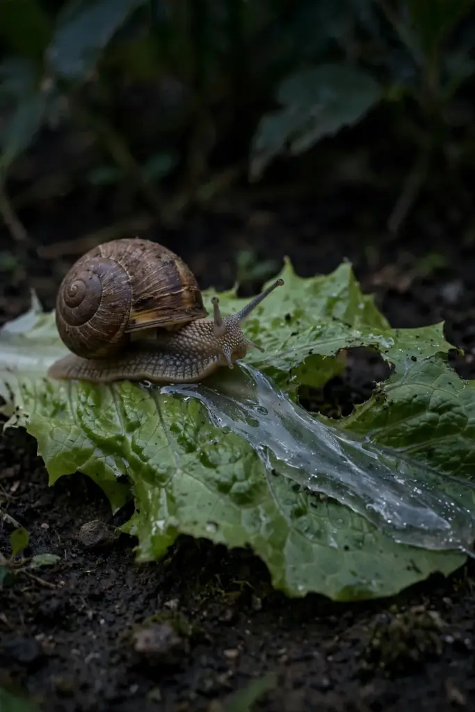 Snail on a lettuce leaf with a silvery slime trail at night