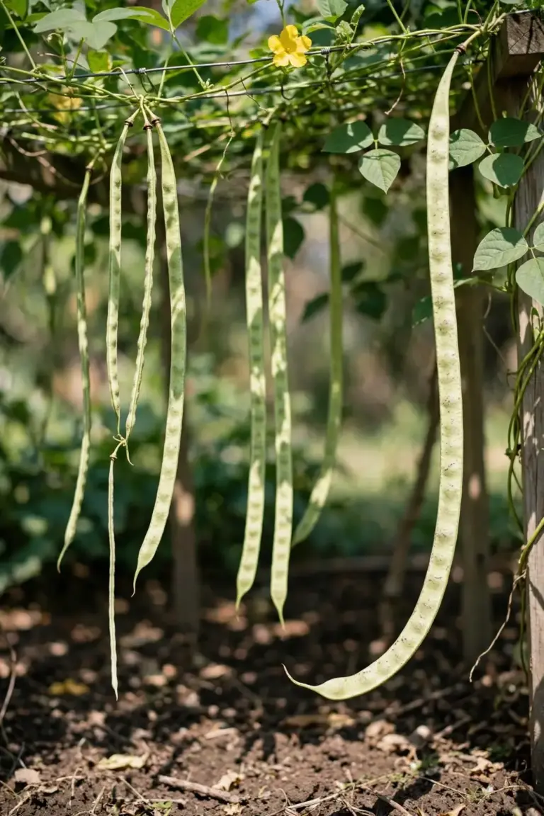 Very long snake bean pods hanging from a tall trellis