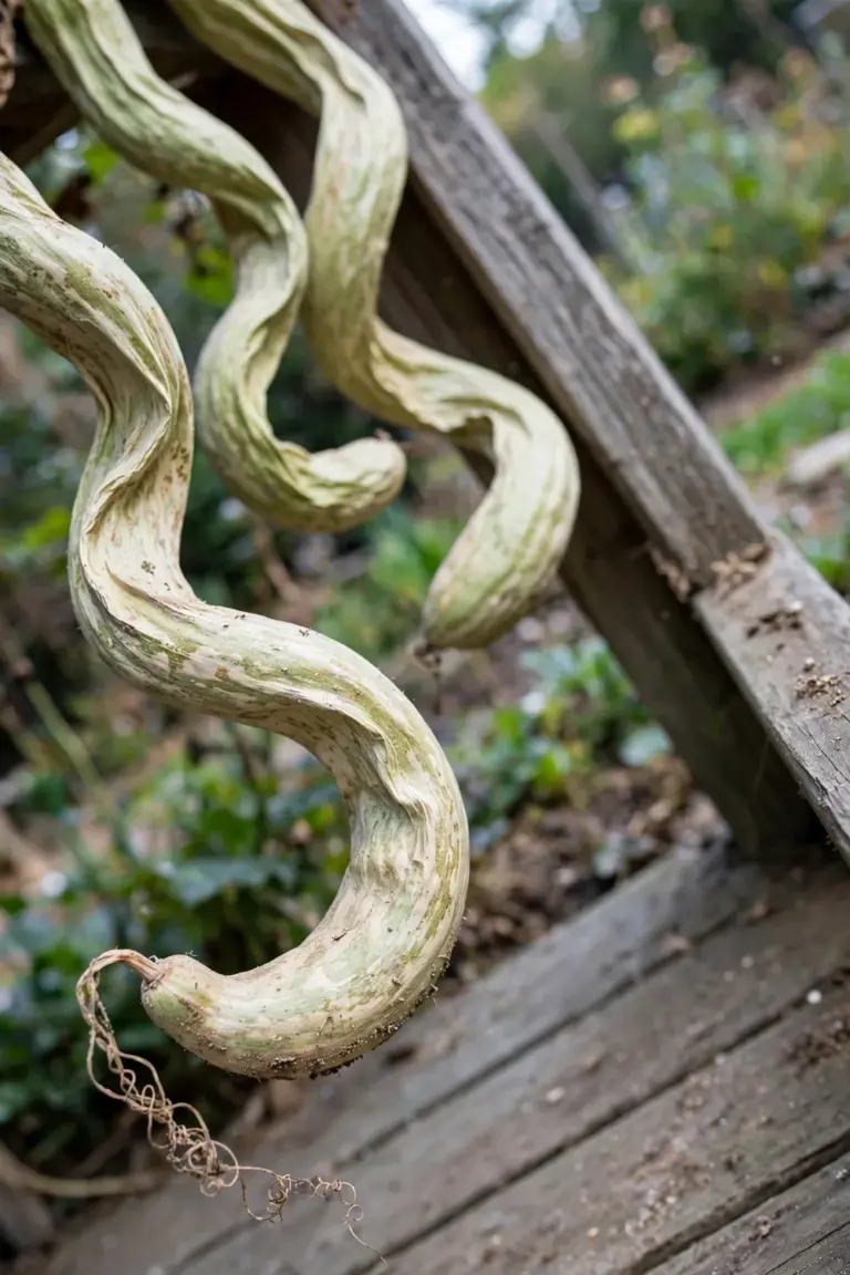 Dried snake gourds with twisted necks draped over a porch rail