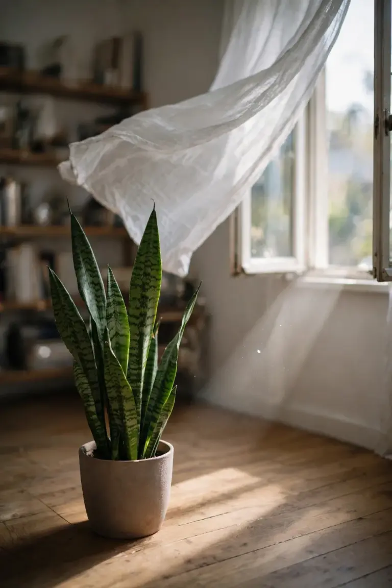 Snake plant in an airy living room with an open window beside it